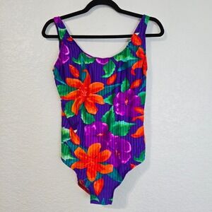 Vintage Floral One Piece Swimsuit Purple Tropical Bathing Suit Size XL